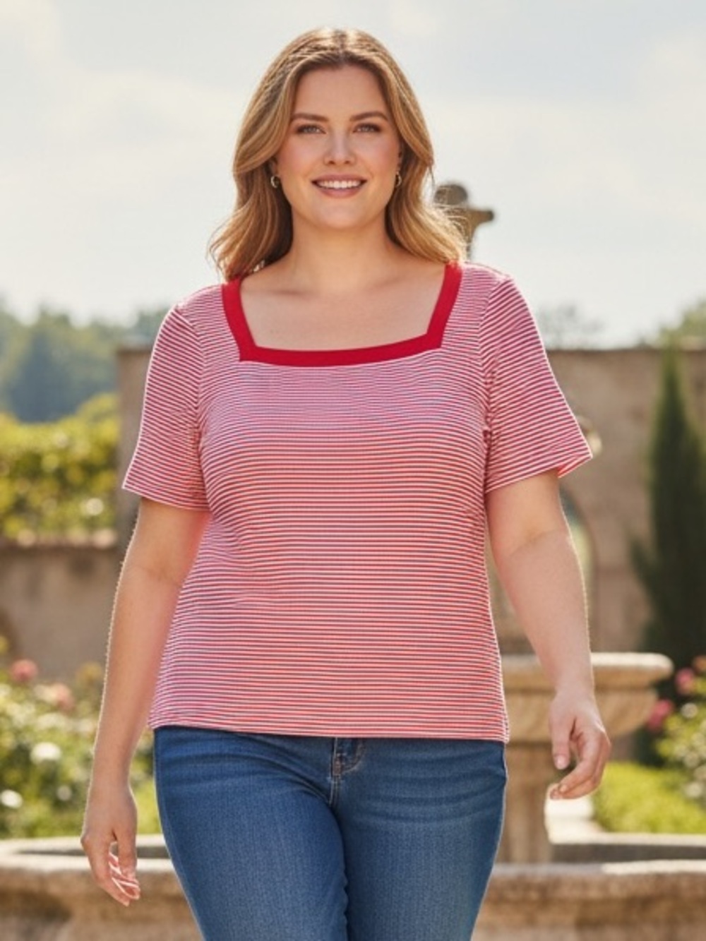 Chaps Women Size 1X Striped Short Sleeve Square Neck T-Shirt Red/White